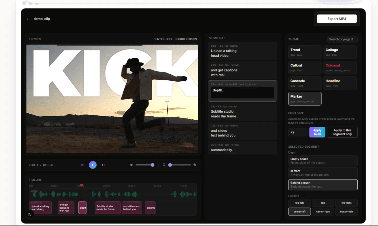 Bloop Studio's editor: video preview with a bold caption theme applied, segment list, theme picker, and timeline