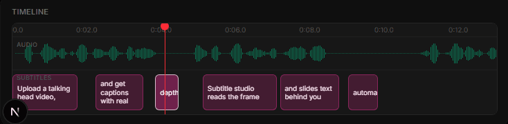 Close-up of Bloop Studio's timeline with synced caption segments over an audio waveform